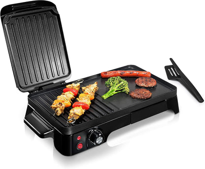 NutriChef Electric Griddle - Dual Hot Plate Cooktop Crepe Maker with Press Grill, Nonstick Coating, Rotary Temperature Control, Plug-in Operation & Oil Tray for Kitchen & Countertop (PKGRIL43) - PuriLite
