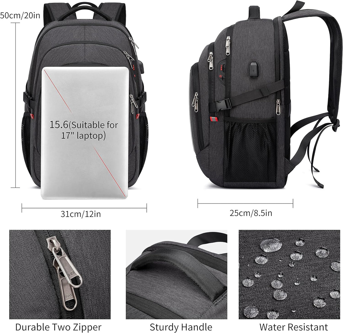 RFID Cafele Laptop Backpack Travel Computer Backpack College Bookbag School Backpack with USB Charging Port - PuriLite