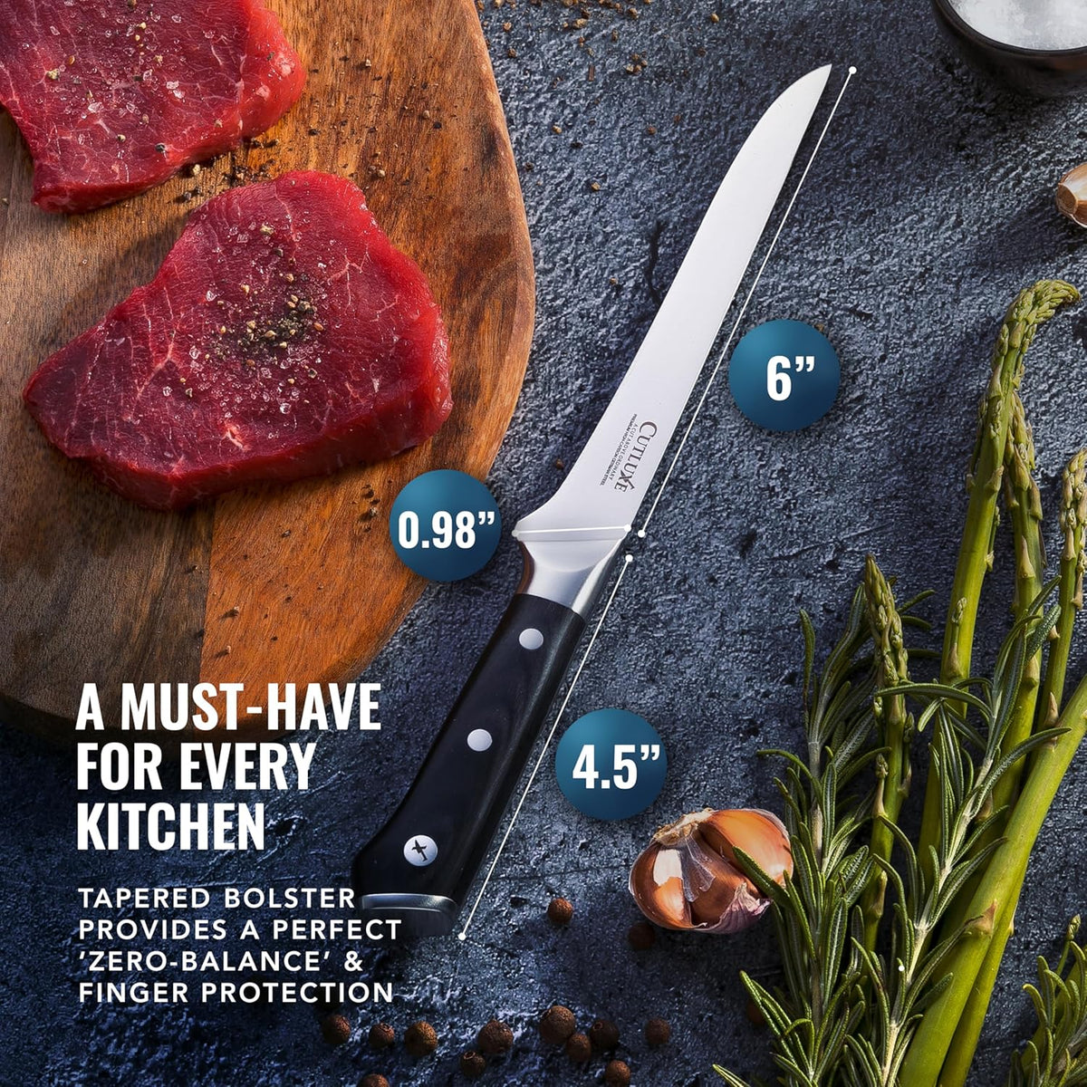 Cutluxe Curved Boning Knife – 6" Boning Knife for Meat Cutting, Fillet Knife – High Carbon German Steel, Full Tang & Ergonomic Handle Design – Artisan Series - PuriLite