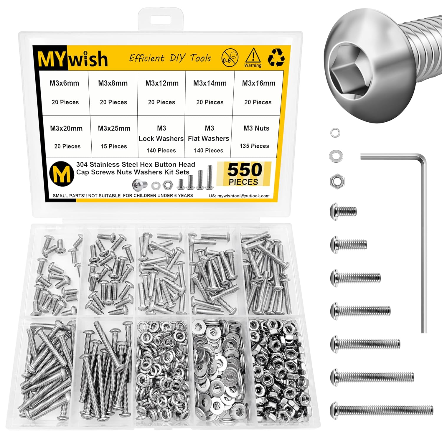 Mywish 900Pcs Metric Screw Assortment, M3 M4 M5 M6 Screw Assortment Kit 304 Stainless Steel Hex Socket Button Head Socket Cap Metric Screws Bolts & Flat Washers/Nuts/Hex Wrenches 16 Sizes 8MM to 20MM - PuriLite