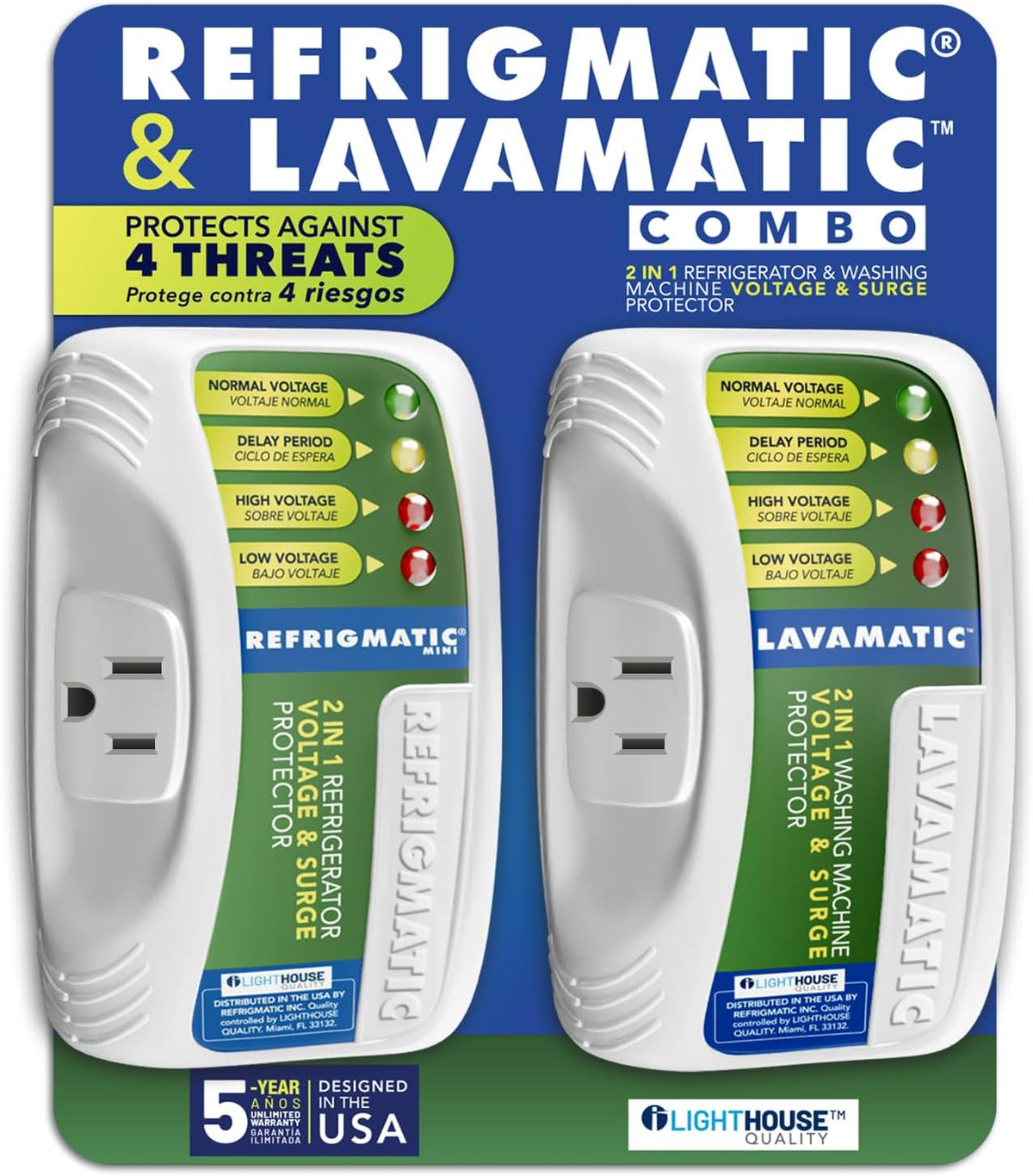 Refrigmatic Two Electronic Voltage & Surge Protector Combo - Protect Refrigerator & Washing Machine Against High & Low Voltage, Brownouts & Spikes - PuriLite