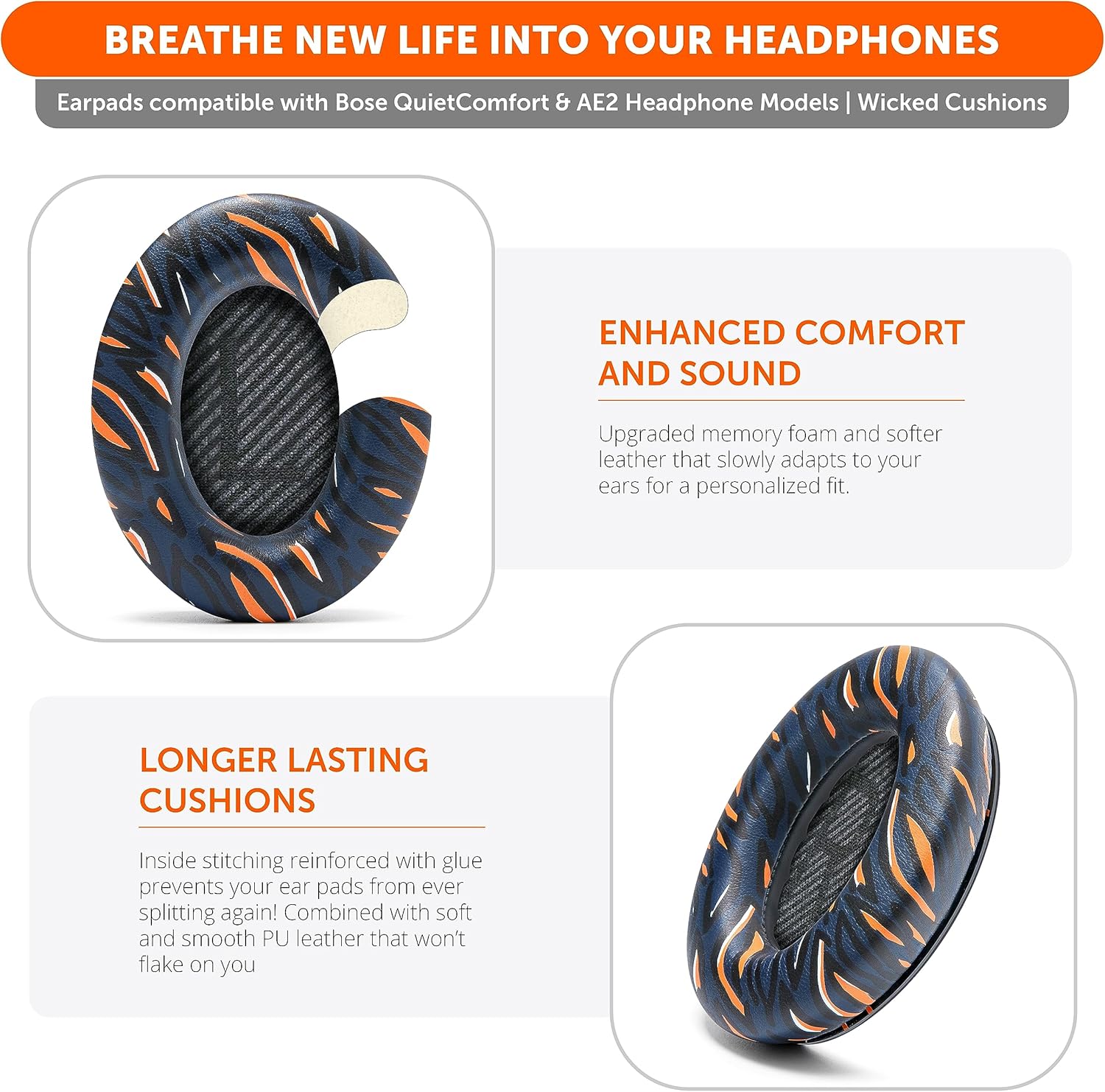 WC Wicked Cushions Upgraded Replacement Ear Pads for Bose QC35 & QC35ii (QuietComfort 35) Headphones & More - Softer Leather, Luxurious Memory Foam, Added Thickness, Extra Durability | Navy Tiger - PuriLite