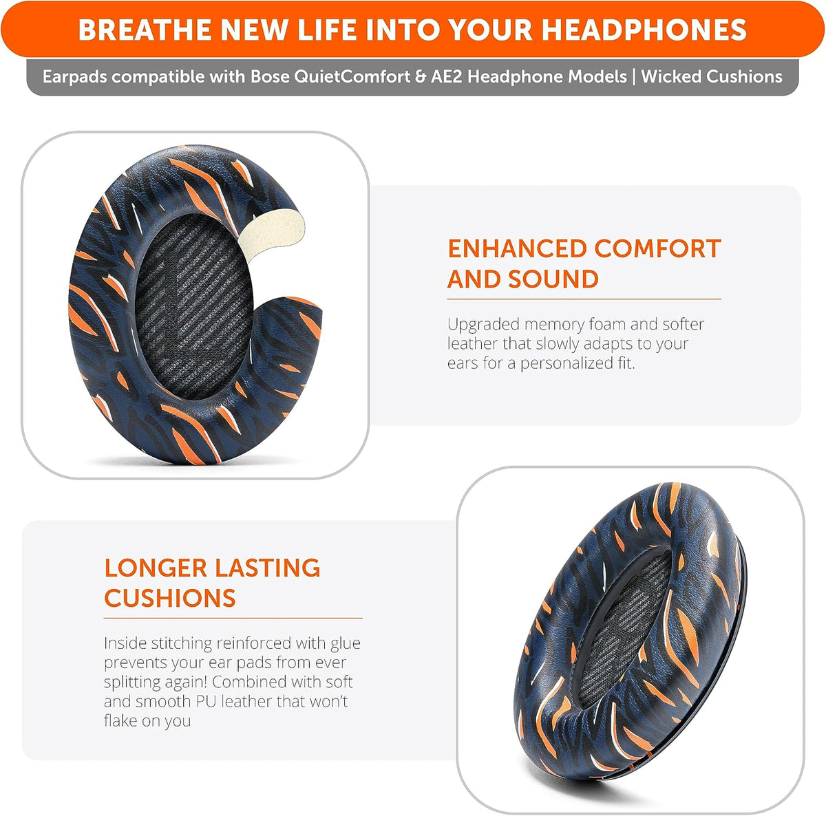 WC Wicked Cushions Upgraded Replacement Ear Pads for Bose QC35 & QC35ii (QuietComfort 35) Headphones & More - Softer Leather, Luxurious Memory Foam, Added Thickness, Extra Durability | Midnight Blue - PuriLite