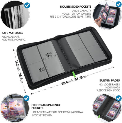 FunGuys Toploader Binder, Trading Card Binder Storage,128 4 Pocket Top Loader Pokemon Binder, Card Collection Yugioh Cards, MTG, TCG, Folders for Trading Cards - PuriLite