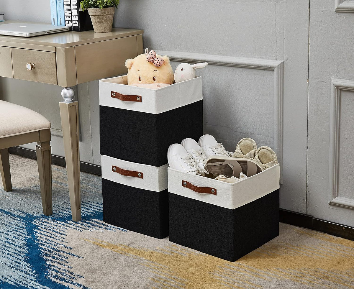 DECOMOMO Fabric Cube Storage Bin - Storage Baskets for Shelves, Kallax (Grey & White, 13 inch Cube) - 4 Pack - PuriLite