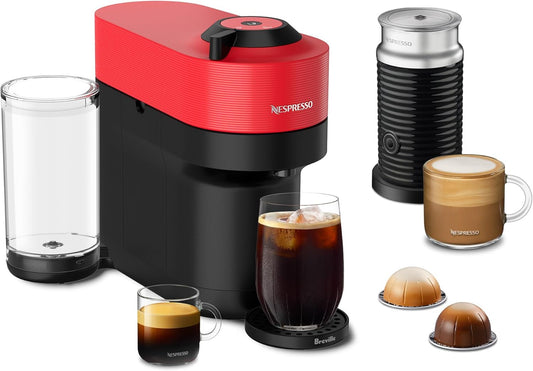 Nespresso Vertuo Pop+ Coffee and Espresso Machine by Breville with Aeroccino Milk Frother - Spicy Red - PuriLite