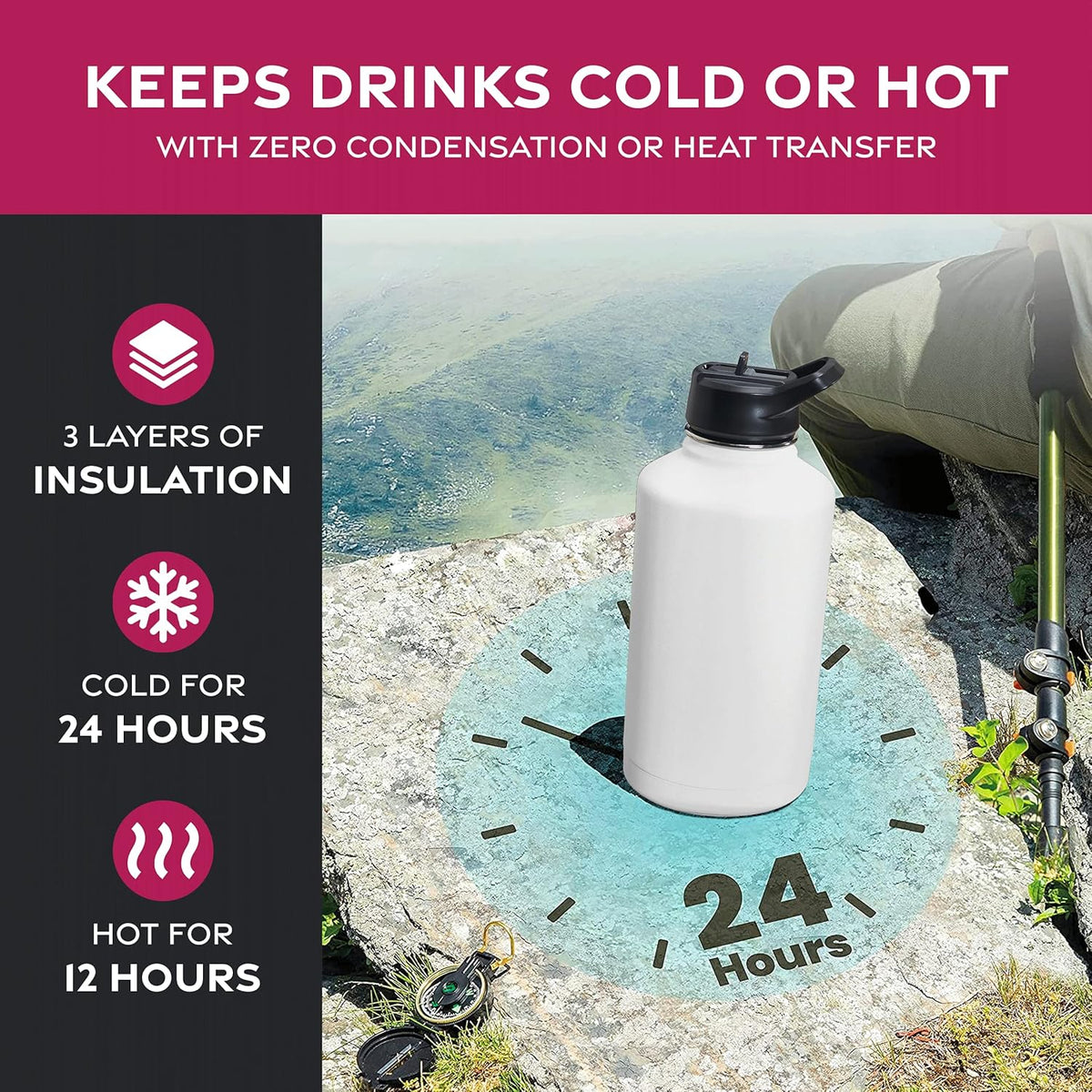 FineDine Water Bottle - Stainless Steel Insulated Water Bottle with Straw Lid, Flip Lid & Wide-Mouth Cap - Keeps Hot and Cold - 25 Oz / 739ml - Pure Pearly White - PuriLite