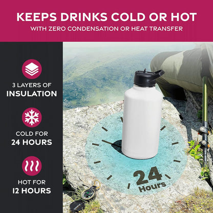 FineDine Water Bottle - Stainless Steel Insulated Water Bottle with Straw Lid, Flip Lid & Wide-Mouth Cap - Keeps Hot and Cold - 25 Oz / 739ml - Pure Pearly White - PuriLite