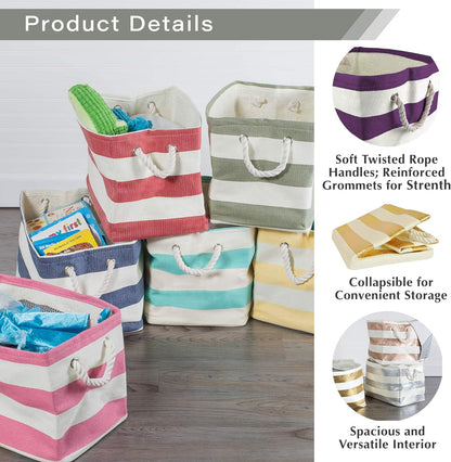 DII Storage Basket or Bin, Collapsible & Convenient Storage Solution for Office, Bedroom, Closet, Toys, Laundry (Large) - Pink Rugby Stripe - PuriLite