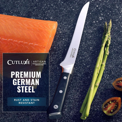 Cutluxe Curved Boning Knife – 6" Boning Knife for Meat Cutting, Fillet Knife – High Carbon German Steel, Full Tang & Ergonomic Handle Design – Artisan Series - PuriLite