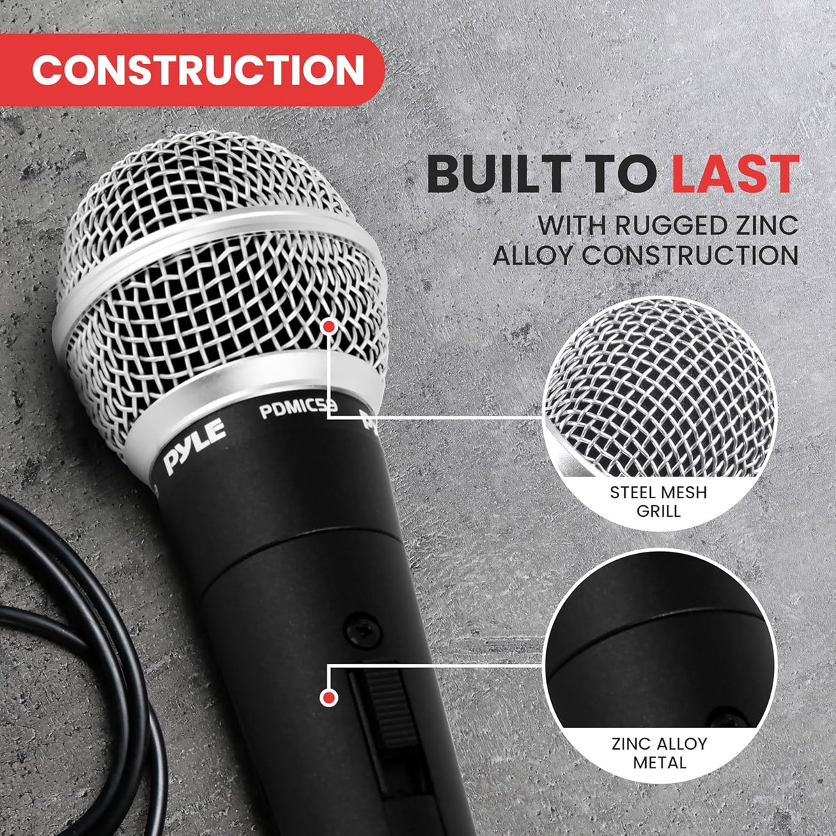 Pyle Professional Dynamic Vocal Microphone - Moving Coil Dynamic Cardioid Unidirectional Handheld Microphone with ON/OFF Switch Includes 15ft XLR Audio Cable to 1/4'' Audio Connection - PDMIC59 - PuriLite