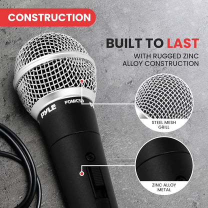 Pyle Professional Dynamic Vocal Microphone - Moving Coil Dynamic Cardioid Unidirectional Handheld Microphone with ON/OFF Switch Includes 15ft XLR Audio Cable to 1/4'' Audio Connection - PDMIC59 - PuriLite