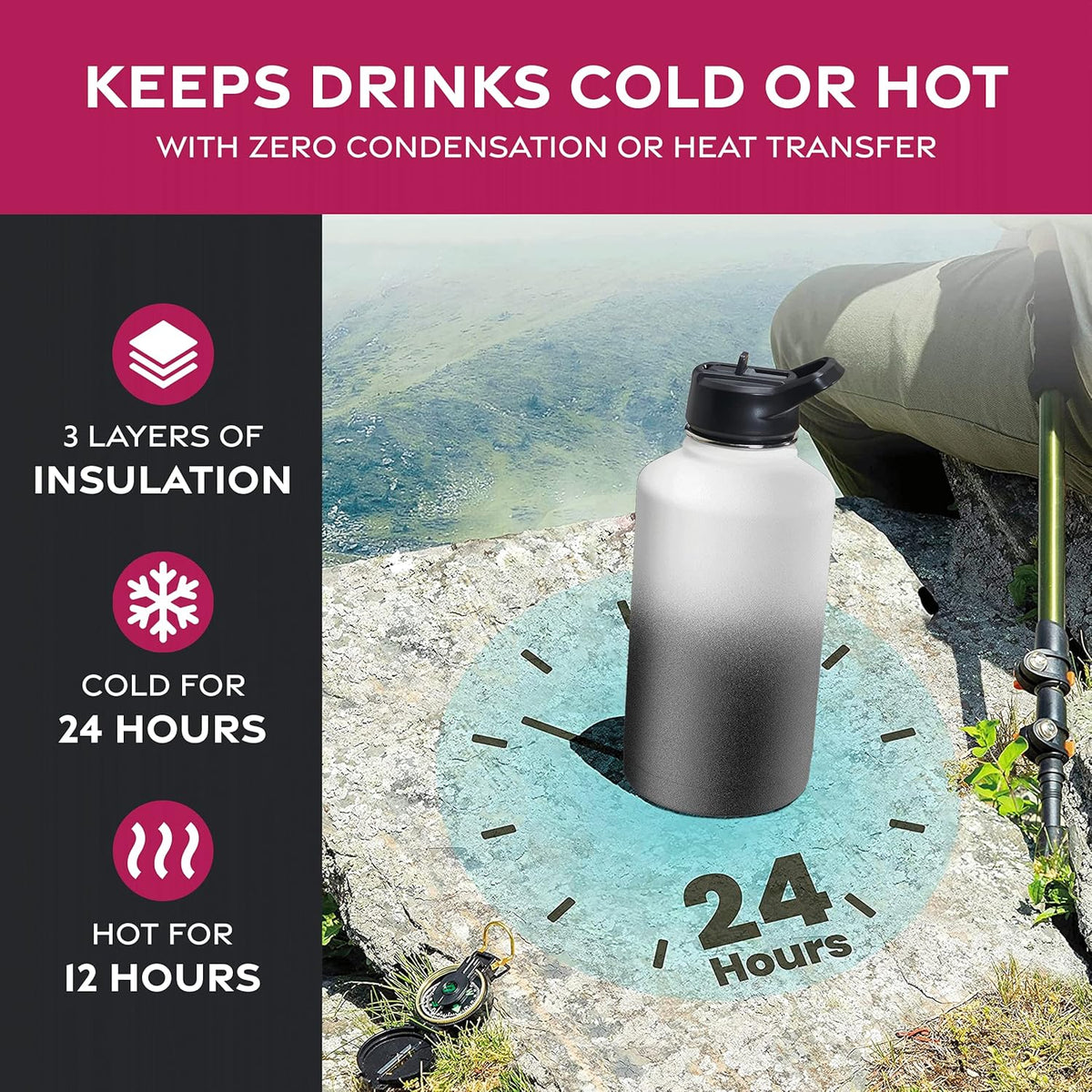 FineDine Water Bottle - Stainless Steel Insulated Water Bottle with Straw Lid, Flip Lid & Wide-Mouth Cap - Keeps Hot and Cold - 25 Oz / 739ml - Pure Pearly White - PuriLite