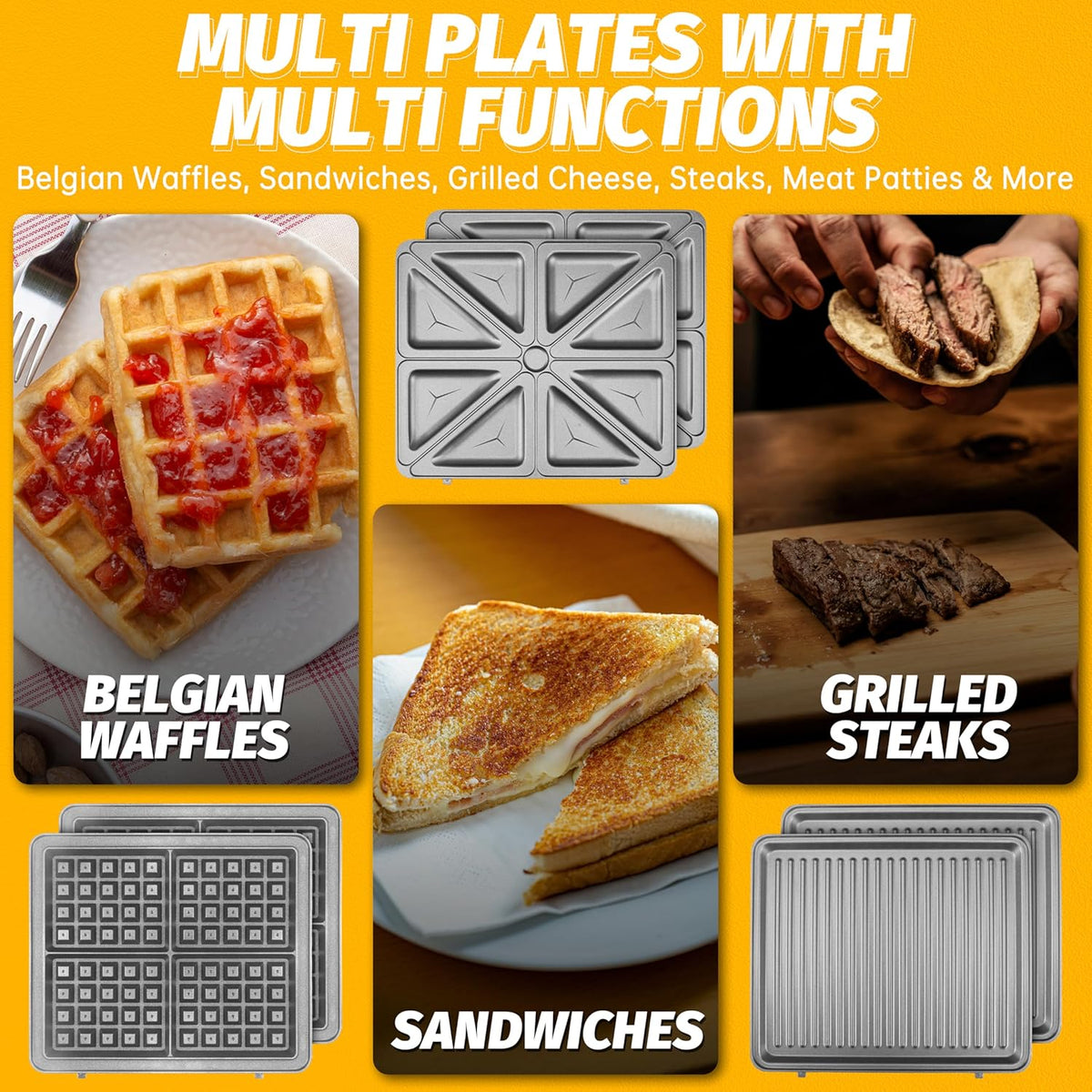 FineMade Belgian Waffle Maker with Removable Plates, Waflera Electrica, Large Waffle Iron, 3 in 1 Panini Grill Press Breakfast Sandwich Maker, Electric Griddle, Grilled Cheese Maker, Breakfast Station - PuriLite
