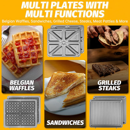 FineMade Belgian Waffle Maker with Removable Plates, Waflera Electrica, Large Waffle Iron, 3 in 1 Panini Grill Press Breakfast Sandwich Maker, Electric Griddle, Grilled Cheese Maker, Breakfast Station - PuriLite