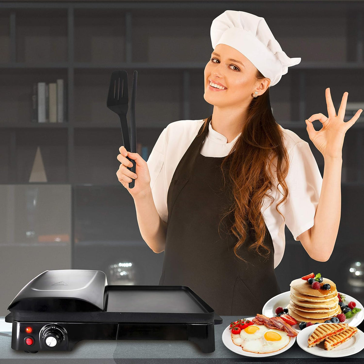NutriChef Electric Griddle - Dual Hot Plate Cooktop Crepe Maker with Press Grill, Nonstick Coating, Rotary Temperature Control, Plug-in Operation & Oil Tray for Kitchen & Countertop (PKGRIL43) - PuriLite