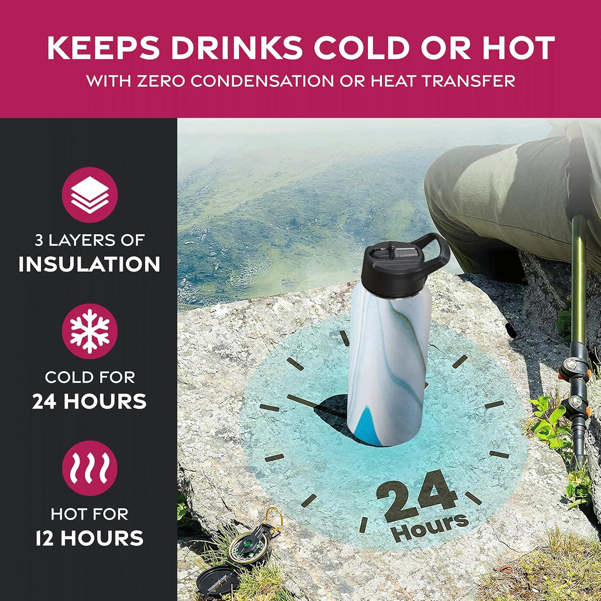 FineDine Water Bottle - Stainless Steel Insulated Water Bottle with Straw Lid, Flip Lid & Wide-Mouth Cap - Keeps Hot and Cold - 25 Oz / 739ml - Pure Pearly White - PuriLite