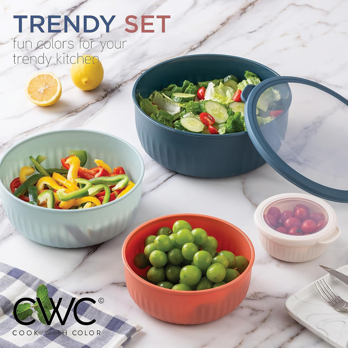 COOK WITH COLOR Prep Bowls with Lids- 8 Piece Nesting Plastic Small Mixing Bowl Set with Lids (Teal Ombre) - PuriLite