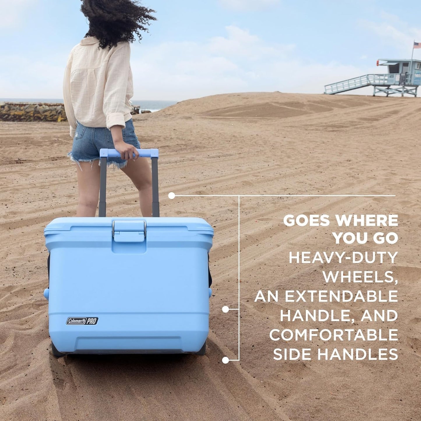 Coleman Pro Heavy-Duty Ultra-Light Premium Hard Cooler, 92/74/36-Can Capacity, Extra-Thick Insulation Keeps Ice up to 5/4/3 Days, 55-Quart Wheeled Cooler or 45/25 qt (No Wheels), Blue Sky - PuriLite