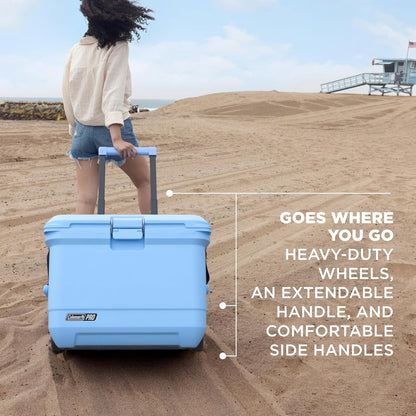 Coleman Pro Heavy-Duty Ultra-Light Premium Hard Cooler, 92/74/36-Can Capacity, Extra-Thick Insulation Keeps Ice up to 5/4/3 Days, 55-Quart Wheeled Cooler or 45/25 qt (No Wheels), Blue Sky - PuriLite
