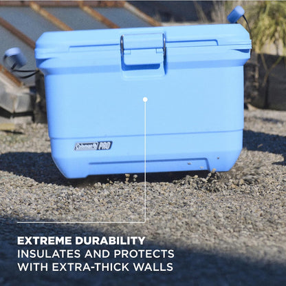 Coleman Pro Heavy-Duty Ultra-Light Premium Hard Cooler, 92/74/36-Can Capacity, Extra-Thick Insulation Keeps Ice up to 5/4/3 Days, 55-Quart Wheeled Cooler or 45/25 qt (No Wheels), Blue Sky - PuriLite