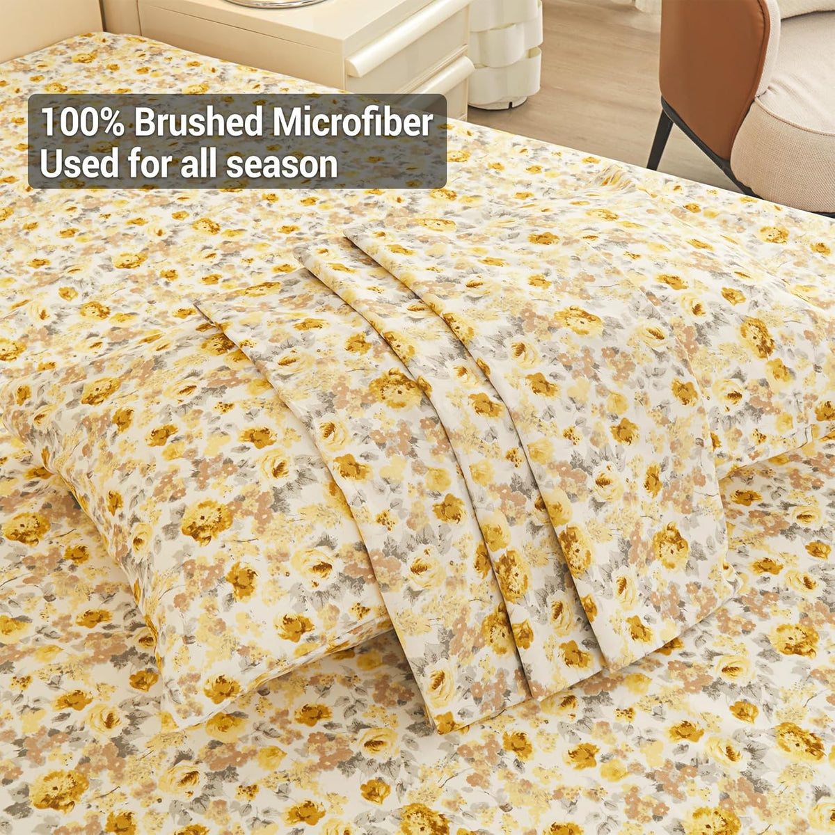 Viviland Floral Queen Sheet Set - 4 Piece Vintage Pink & Yellow Flower Patterned Bed Sheets - Soft, Breathable Microfiber Sheets with Deep Pocket, Non-Slip Fitted Sheets & Pillowcases - PuriLite