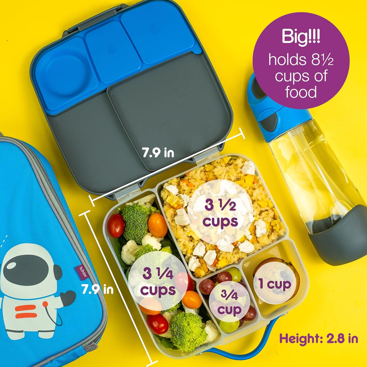 b.box 5-Compartment bento Style Lunch Box for Kids, Toddlers, Childrens, BPA-Free Food Storage Container with Cooler Pack, ON-The-GO Food Box with Handles Included Custom Divider, Lemon Twist - PuriLite