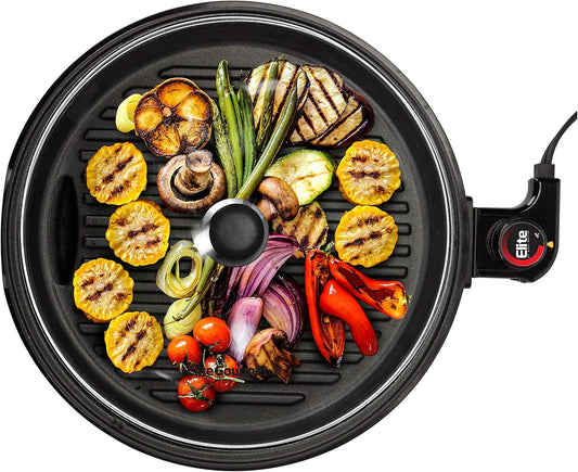 Elite Gourmet EMG6505G Smokeless Indoor Electric BBQ Grill with Glass Lid, Dishwasher Safe, PFOA-Free Nonstick, AdjCatable Temperature, Fast Heat Up, Low-Fat Meals Easy to Clean Design - PuriLite