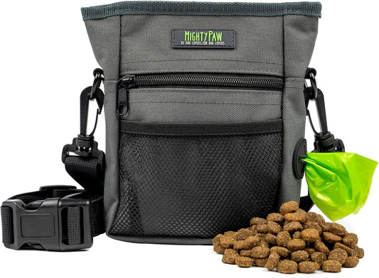 Mighty Paw Dog Treat Pouch 2.0 | Pet Training Hands-Free Snack Bag w/Strap. Holds 2 Cups Kibble, Phone & Keys. Magnetic Clasp & Waist Belt Clip. Includes 1 Roll of Poop Bags (Green/Grey) - PuriLite