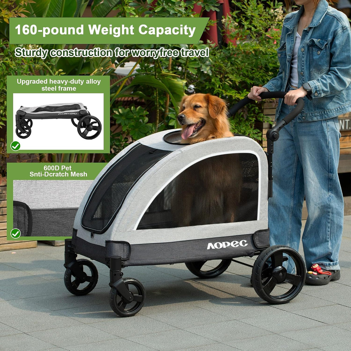 Large Dog Stroller - Dual Entry Safety Folding Pet Stroller with Adjustable Handle, All-Terrain 4-Wheel, 160 lbs Weight Capacity for Travel & Outdoor Adventures - Gray