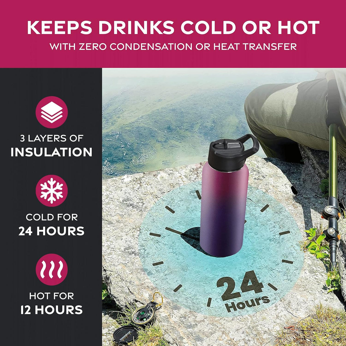 FineDine Water Bottle - Stainless Steel Insulated Water Bottle with Straw Lid, Flip Lid & Wide-Mouth Cap - Keeps Hot and Cold - 25 Oz / 739ml - Pure Pearly White - PuriLite