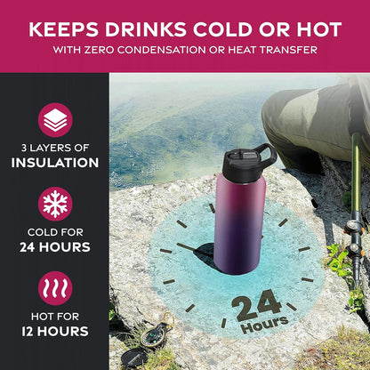 FineDine Water Bottle - Stainless Steel Insulated Water Bottle with Straw Lid, Flip Lid & Wide-Mouth Cap - Keeps Hot and Cold - 25 Oz / 739ml - Pure Pearly White - PuriLite