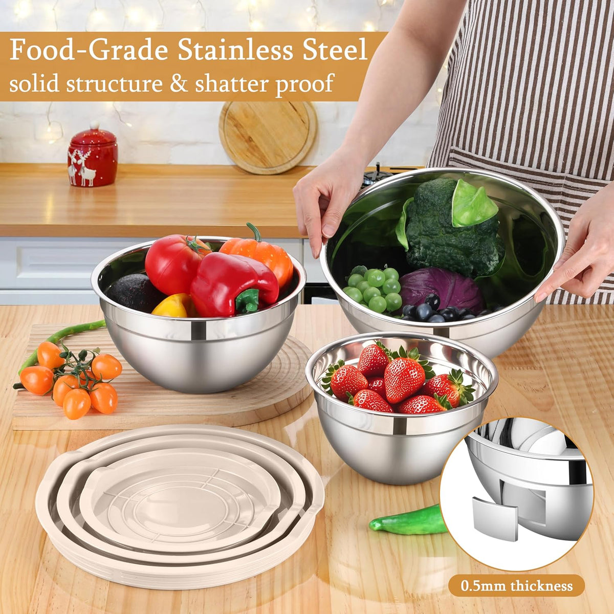 LIANYU Mixing Bowls with Airtight Lids Sets, 3 Packs Stainless Steel Metal Mixing Bowls, Ideal for Prepping, Cooking, Storage, Serving, Freezer & Dishwasher Safe, Khaki - PuriLite