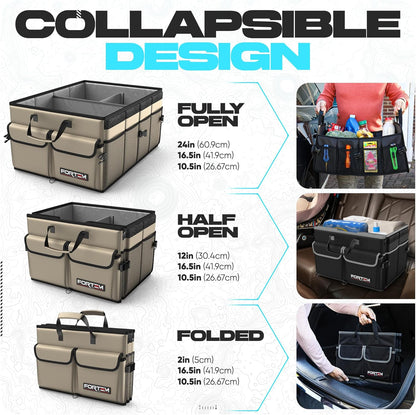 FORTEM Car Trunk Organizer, Collapsible Multi Compartment Car Organizer, Foldable SUV Storage for Car Accessories for Women Men, Non Slip Bottom, Securing Straps, Soft Cover 50L (Black, Standard) - PuriLite