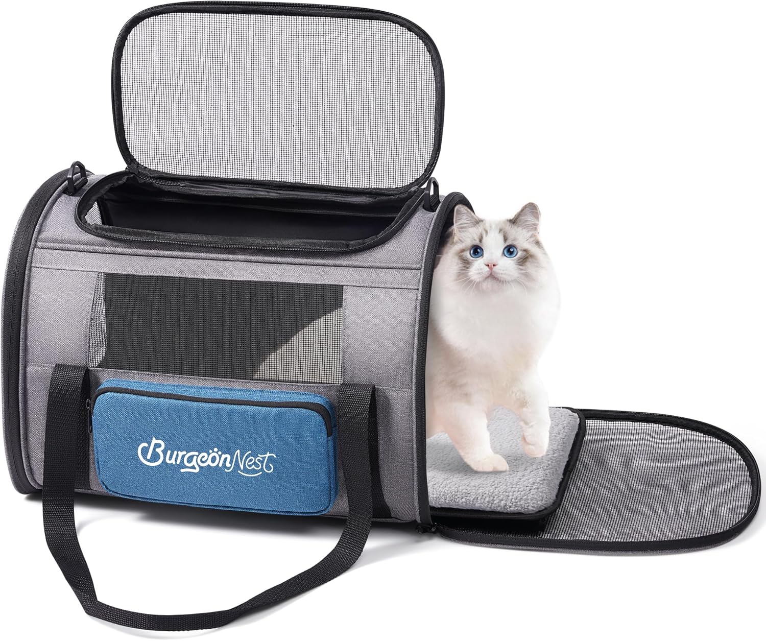 BurgeonNest Cat Carriers for Medium Cats Under 25 lbs, Pet Carrier for Cats with Unique Side Bag,Top Load Small Pet Carrier Soft-Sided Escape Proof with 4 Ventilated Windows - PuriLite