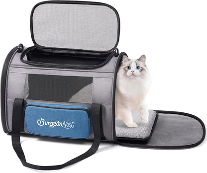 BurgeonNest Cat Carriers for Medium Cats Under 25 lbs, Pet Carrier for Cats with Unique Side Bag,Top Load Small Pet Carrier Soft-Sided Escape Proof with 4 Ventilated Windows - PuriLite