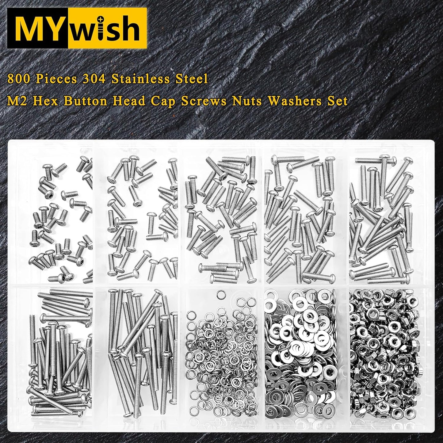 Mywish 900Pcs Metric Screw Assortment, M3 M4 M5 M6 Screw Assortment Kit 304 Stainless Steel Hex Socket Button Head Socket Cap Metric Screws Bolts & Flat Washers/Nuts/Hex Wrenches 16 Sizes 8MM to 20MM - PuriLite
