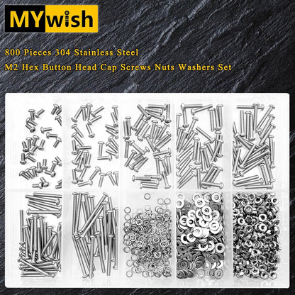 Mywish 900Pcs Metric Screw Assortment, M3 M4 M5 M6 Screw Assortment Kit 304 Stainless Steel Hex Socket Button Head Socket Cap Metric Screws Bolts & Flat Washers/Nuts/Hex Wrenches 16 Sizes 8MM to 20MM - PuriLite