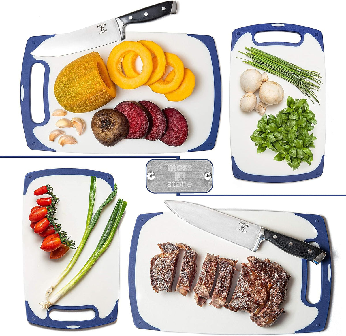 Moss & Stone 2 Piece Cutting Boards for Kitchen & Chef Knife | Polypropylene and Dishwasher Safe | 2 Chopping Board with Grip Handle | BPA-Free - PuriLite