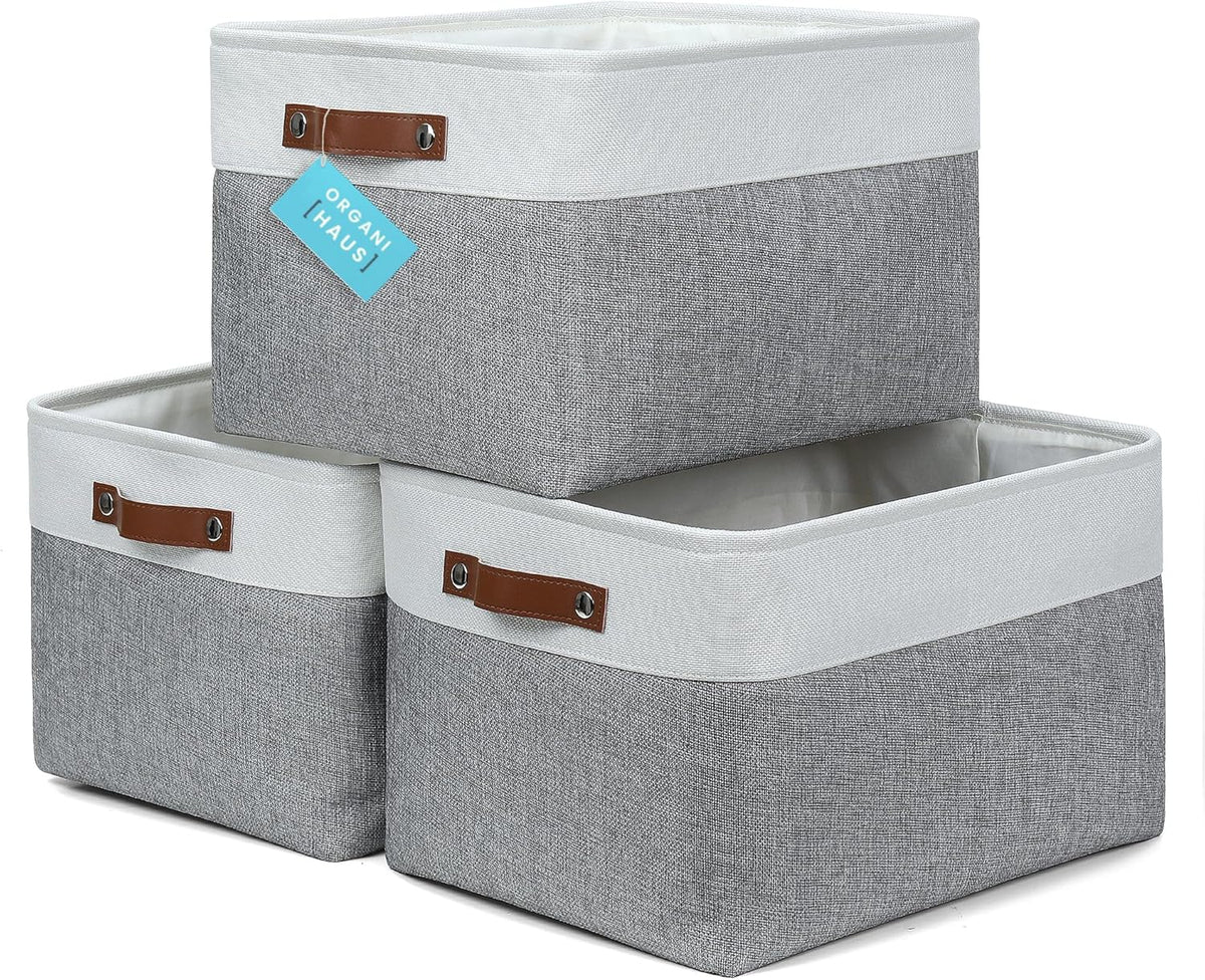 OrganiHaus Large Fabric Storage Baskets for Shelves 3 Pack, 15x11in Closet Storage Bins for Shelves, Cloth Baskets, Fabric Storage Cubes, Linen Closet Organizers, Fabric Basket, White Basket - PuriLite