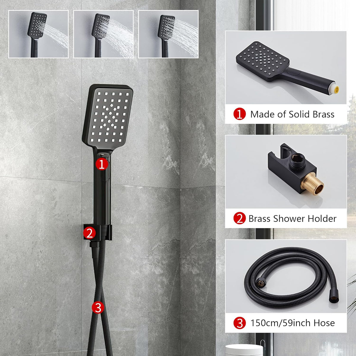 LCEVCGK Shower Faucet Set Complete Matte Black Shower System with 8 inch Square Rainfall Shower Head 3-Function Handheld Shower Waterfall Bathtub Spout Rain Shower Combo Set Bathroom Wall Mounted - PuriLite