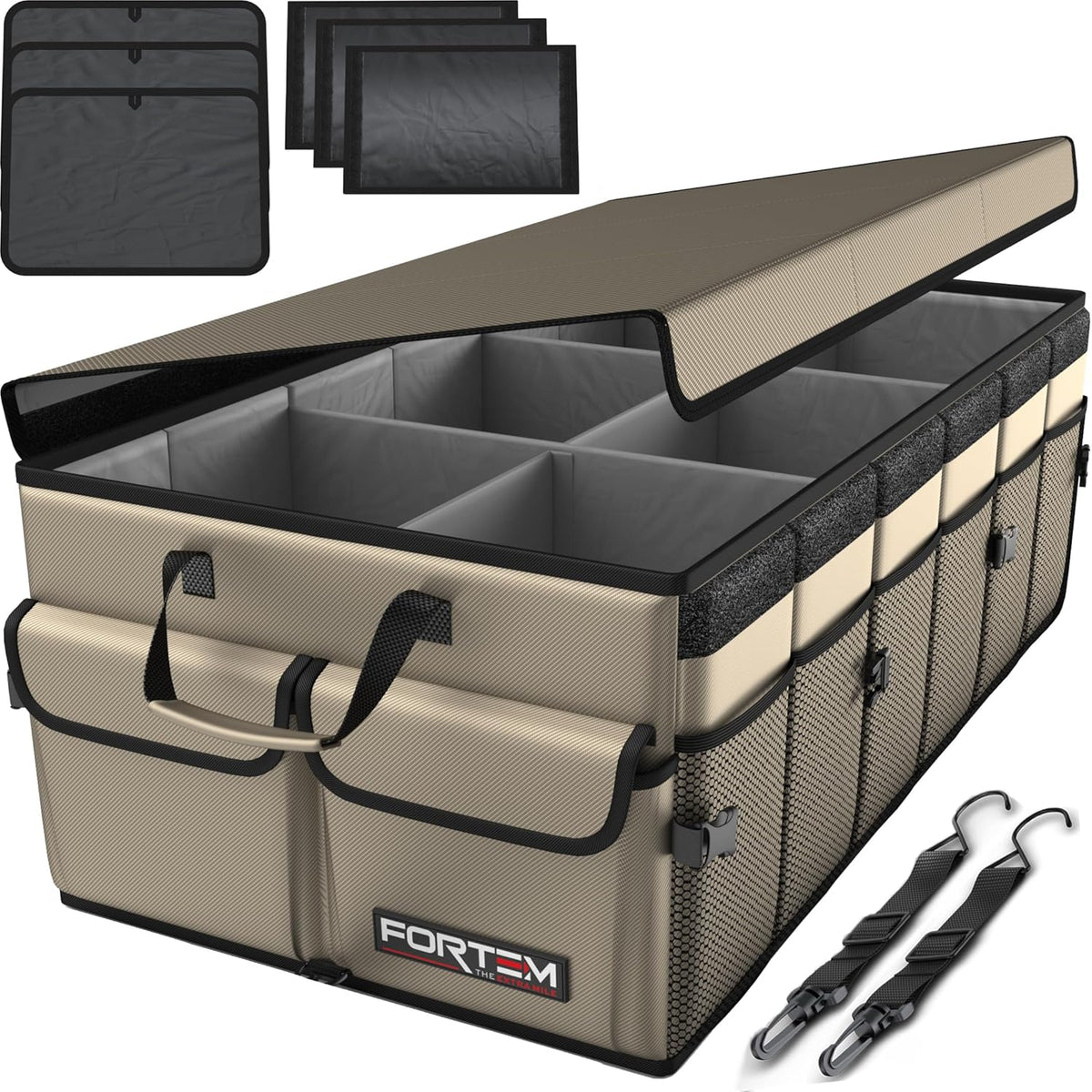 FORTEM Car Trunk Organizer, Collapsible Multi Compartment Car Organizer, Foldable SUV Storage for Car Accessories for Women Men, Non Slip Bottom, Securing Straps, Soft Cover 50L (Black, Standard) - PuriLite