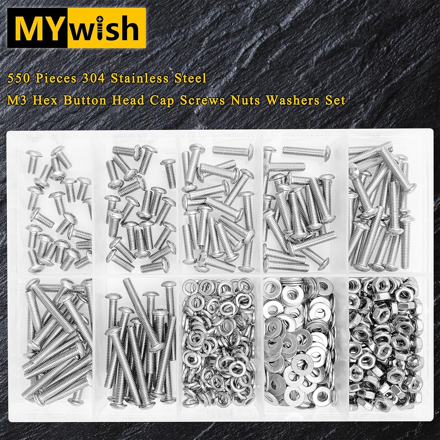 Mywish 900Pcs Metric Screw Assortment, M3 M4 M5 M6 Screw Assortment Kit 304 Stainless Steel Hex Socket Button Head Socket Cap Metric Screws Bolts & Flat Washers/Nuts/Hex Wrenches 16 Sizes 8MM to 20MM - PuriLite