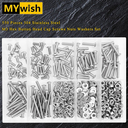 Mywish 900Pcs Metric Screw Assortment, M3 M4 M5 M6 Screw Assortment Kit 304 Stainless Steel Hex Socket Button Head Socket Cap Metric Screws Bolts & Flat Washers/Nuts/Hex Wrenches 16 Sizes 8MM to 20MM - PuriLite