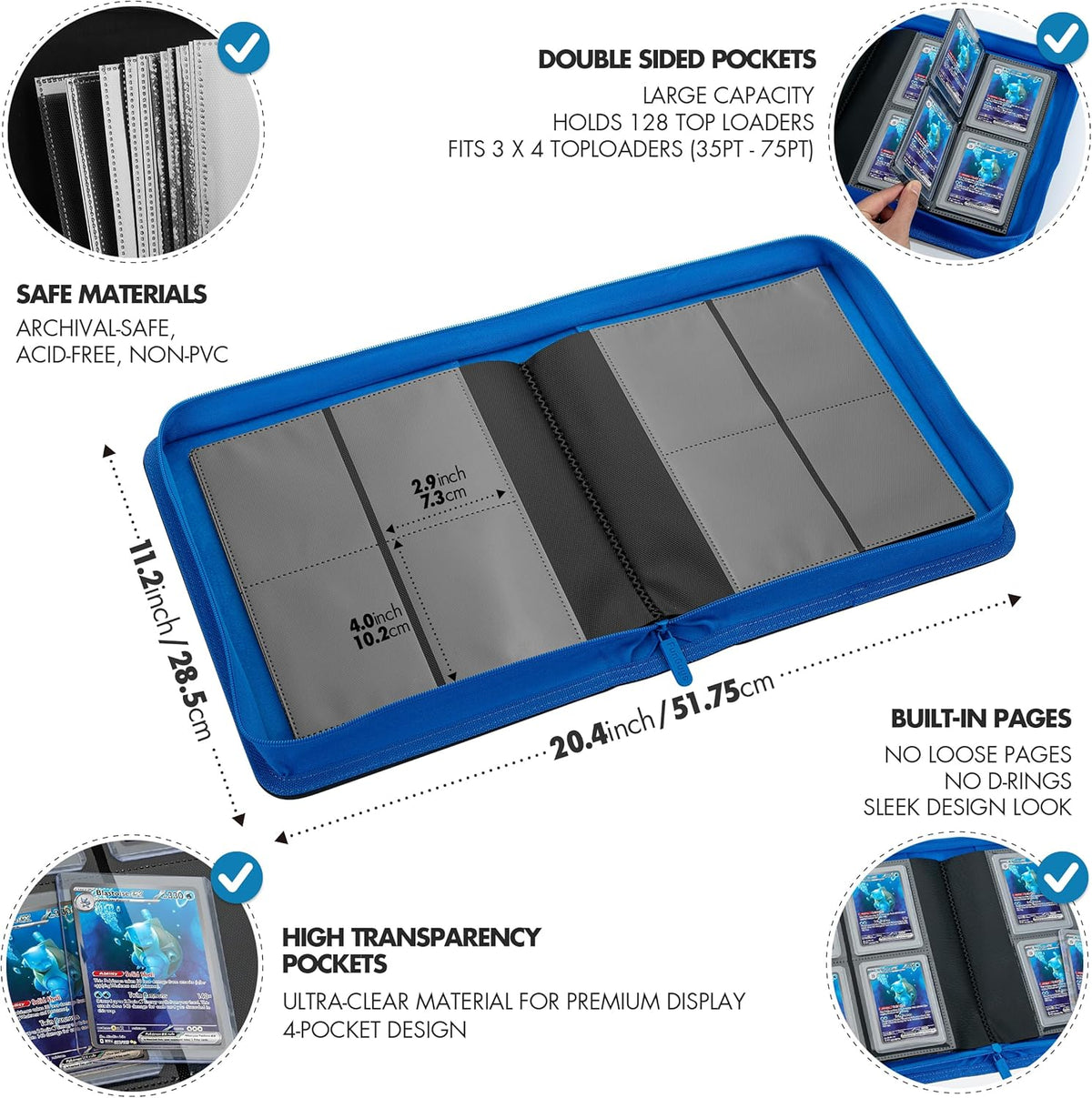 FunGuys Toploader Binder, Trading Card Binder Storage,128 4 Pocket Top Loader Pokemon Binder, Card Collection Yugioh Cards, MTG, TCG, Folders for Trading Cards - PuriLite