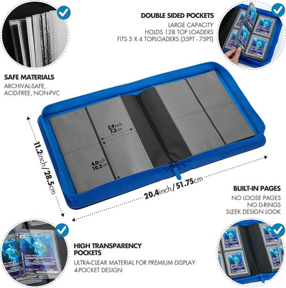 FunGuys Toploader Binder, Trading Card Binder Storage,128 4 Pocket Top Loader Pokemon Binder, Card Collection Yugioh Cards, MTG, TCG, Folders for Trading Cards - PuriLite