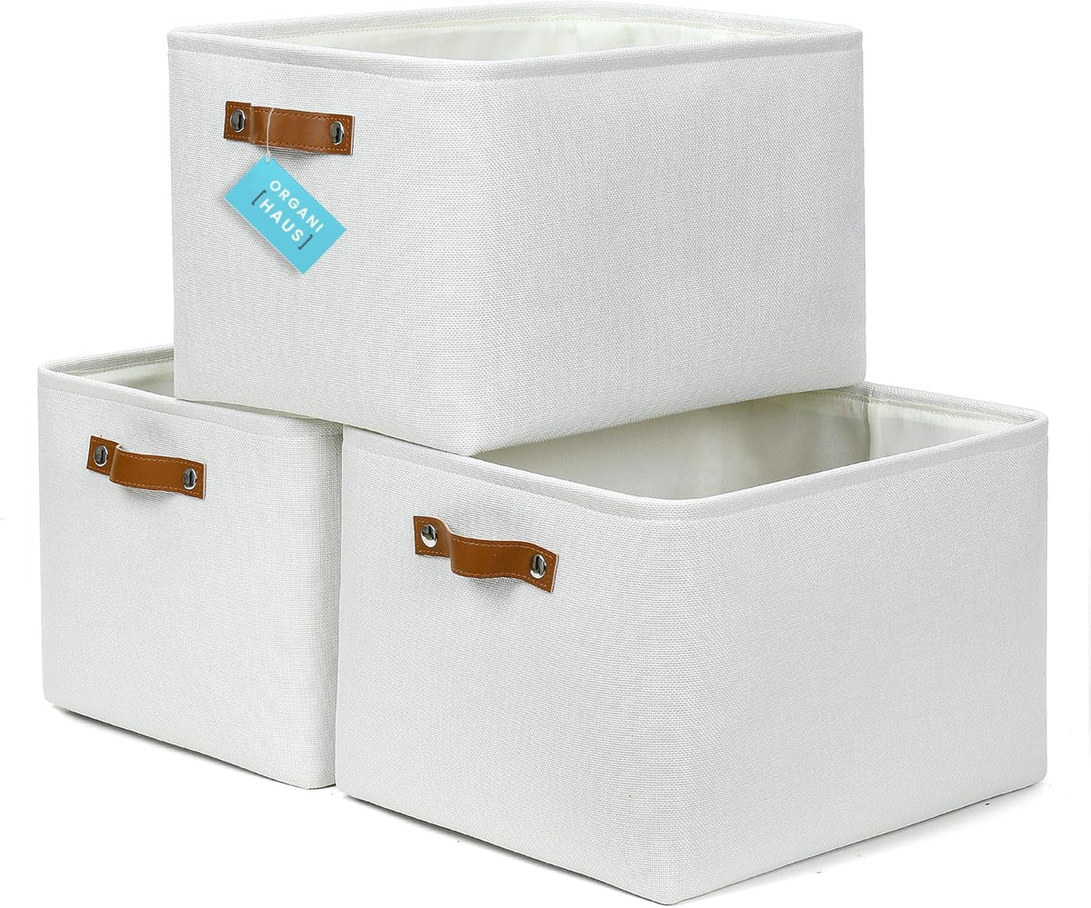 OrganiHaus Large Fabric Storage Baskets for Shelves 3 Pack, 15x11in Closet Storage Bins for Shelves, Cloth Baskets, Fabric Storage Cubes, Linen Closet Organizers, Fabric Basket, White Basket - PuriLite