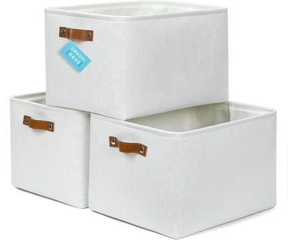 OrganiHaus Large Fabric Storage Baskets for Shelves 3 Pack, 15x11in Closet Storage Bins for Shelves, Cloth Baskets, Fabric Storage Cubes, Linen Closet Organizers, Fabric Basket, White Basket - PuriLite