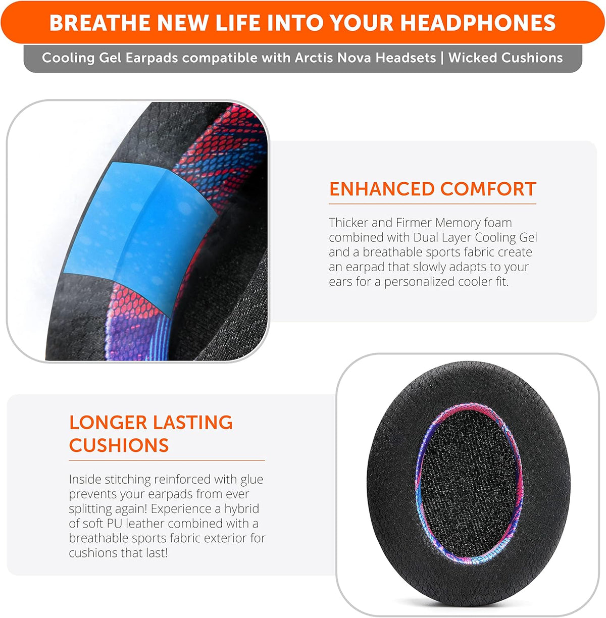 WC Freeze for Arctis Nova - Hybrid Fabric Cooling Gel Replacement Earpads for Arctis Nova Pro Wired, Nova 7, 5, 4, 3, 1 - Made by Wicked Cushions (Does Not Fit Nova Pro Wireless) | Black - PuriLite