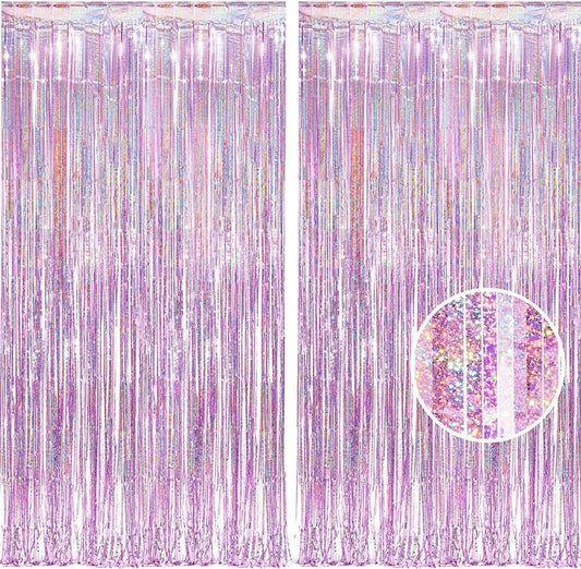 BRAVESHINE Pink Glitter Tinsel Foil Fringe Curtain - 2 Pcs 3.2x8.2 ft Metallic Party Supplies Photo Backdrop for Girl Princess Birthday Unicorn Bachelorette Butterfly Bridal Shower Party Decorations - PuriLite